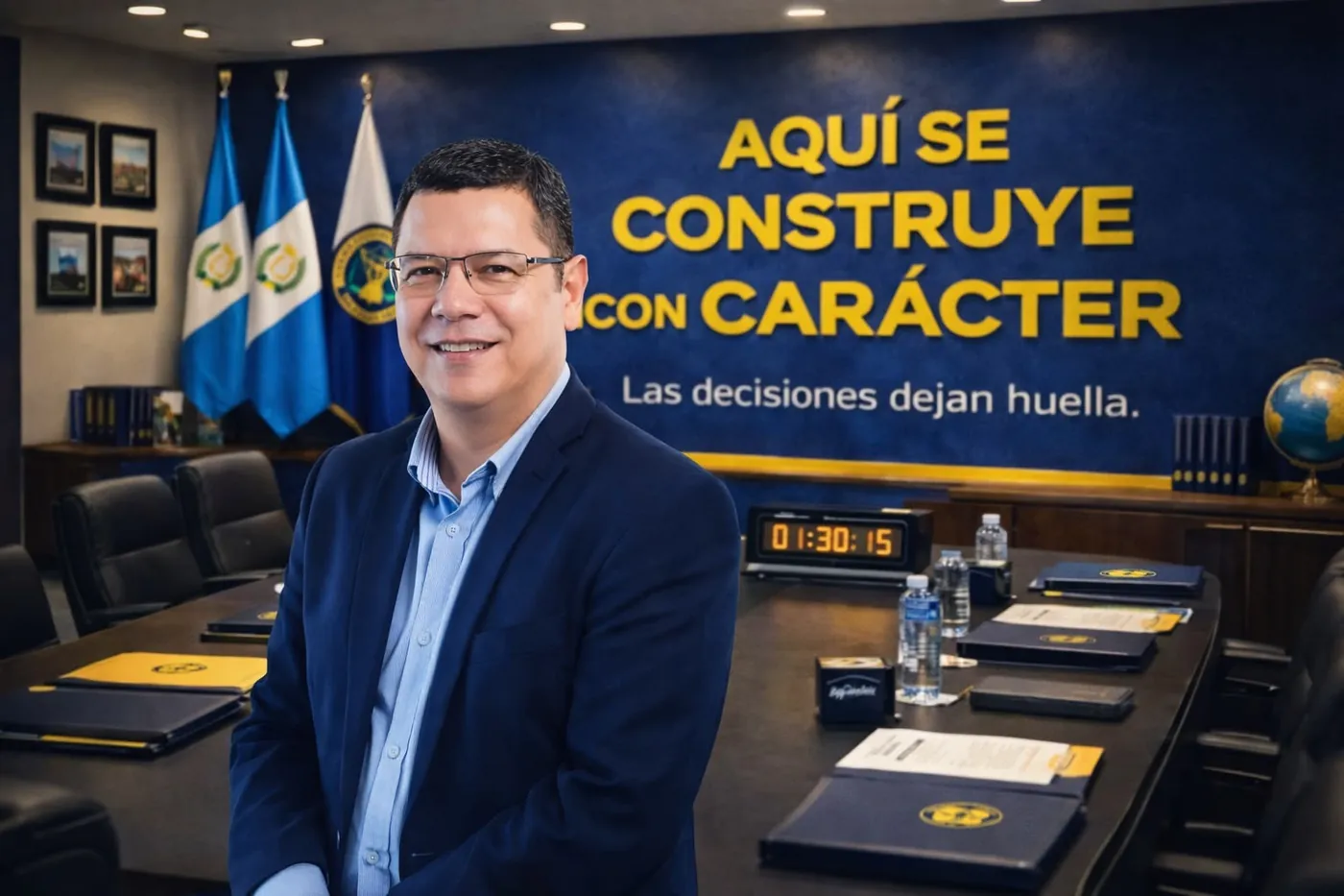 Erick Bosbelli Martínez en una sala de reuniones con el lema Aquí se construye con carácter